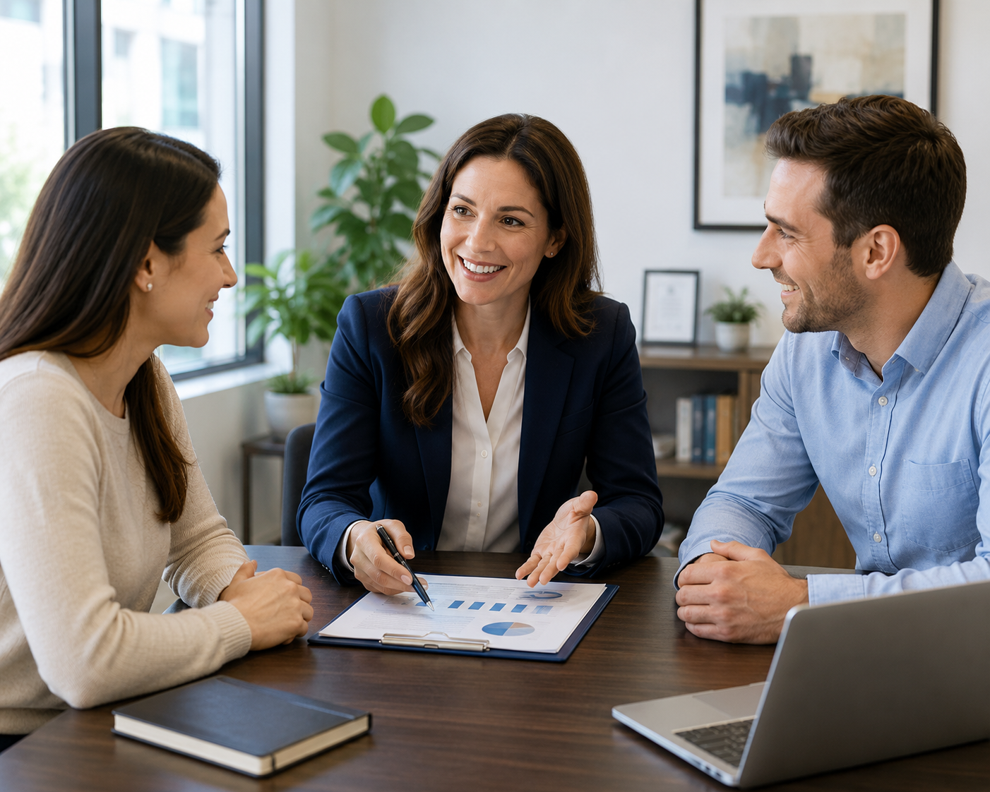 Business owner meeting with clients at a desk